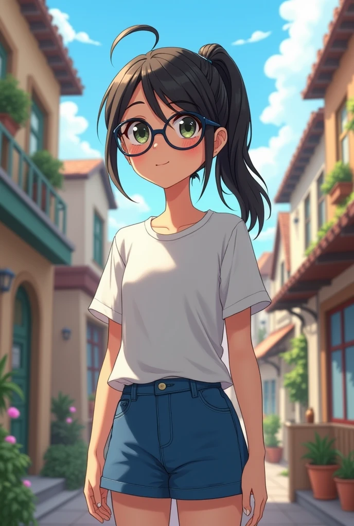 A town young big girl wearing specs and tied hair in a ponytail wearing white tshirt and blue mini skirt. She is a class scientist 