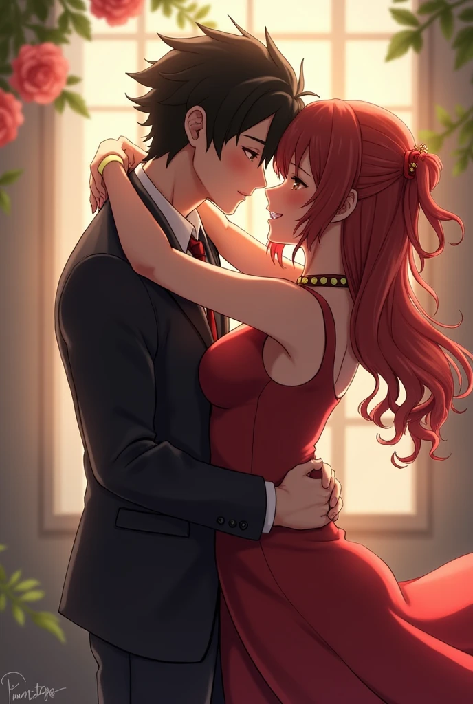 Hu Tao girl and Rantaro Amami man kiss, sexy bodies, hugs