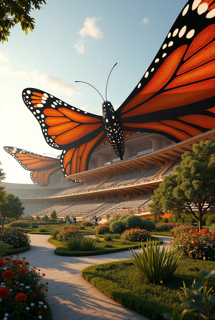 Create a stadium with a monarch butterfly concept further conceptualizes the butterfly by incorporating it into the architectural design 
