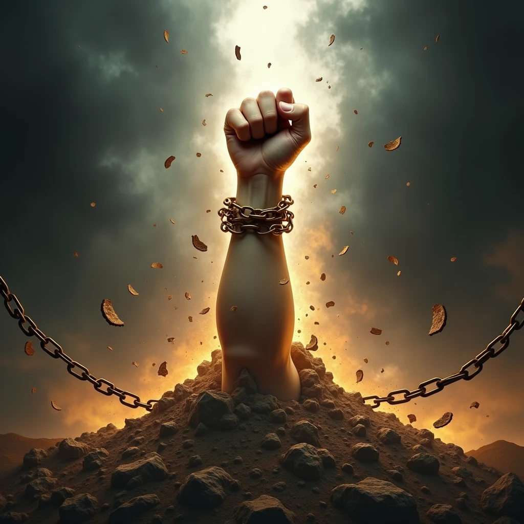 Create a Front Image of an Arm Coming Out of the Glowing Earth and Light Fire Around It, in his hands Breaking thick bronze chains Falling to the ground the links of the chain. Behind the Holy Spirit black background dark and evil shadows moving. In the sky a bright white light illuminating the hand