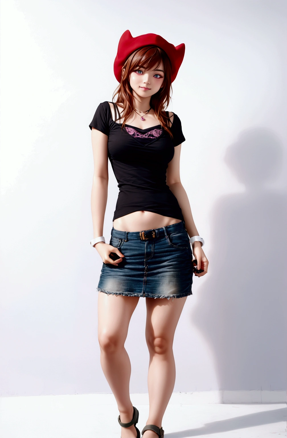 arafed woman in a pink shirt and denim skirt standing in front of a black and white wall, photo of slim girl model, mini-skirt, woman model, fashion model, miniskirt, model posing, mini jeans skirt, fashion model pose, model standing pose, photo of slim girl, pink mini-skirt, full body cute young lady