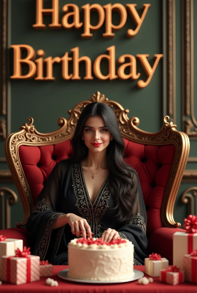 create realistic illusion image of a 24 old girl is sitting on king chair wear black 
 Pakistani dress  and she is cutting birthday cake there are many royal gifts kept to it and HIGHNESS birthday
,3d text is written on the wall