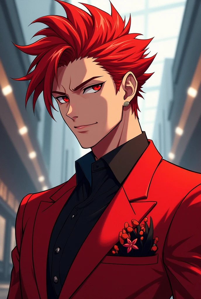 Anime style male character with red hair and a red suit