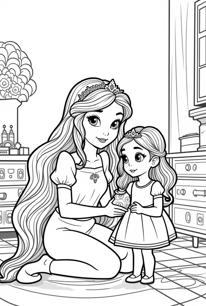 Stress-free coloring, page with image of princess with sister with playroom scene , style cartoon, linhas grossas, uncolored, totally white background, only lines. Beautiful appearance.