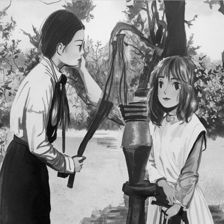 There is a woman and a child standing next to a water well, from a movie scene, scene from supplizia, scene from a 1 9 7 3 film, still from film, still from a movie, still shot from movie, scene from the film, film still from film, screenshot from a movie, still from film, still image from the film