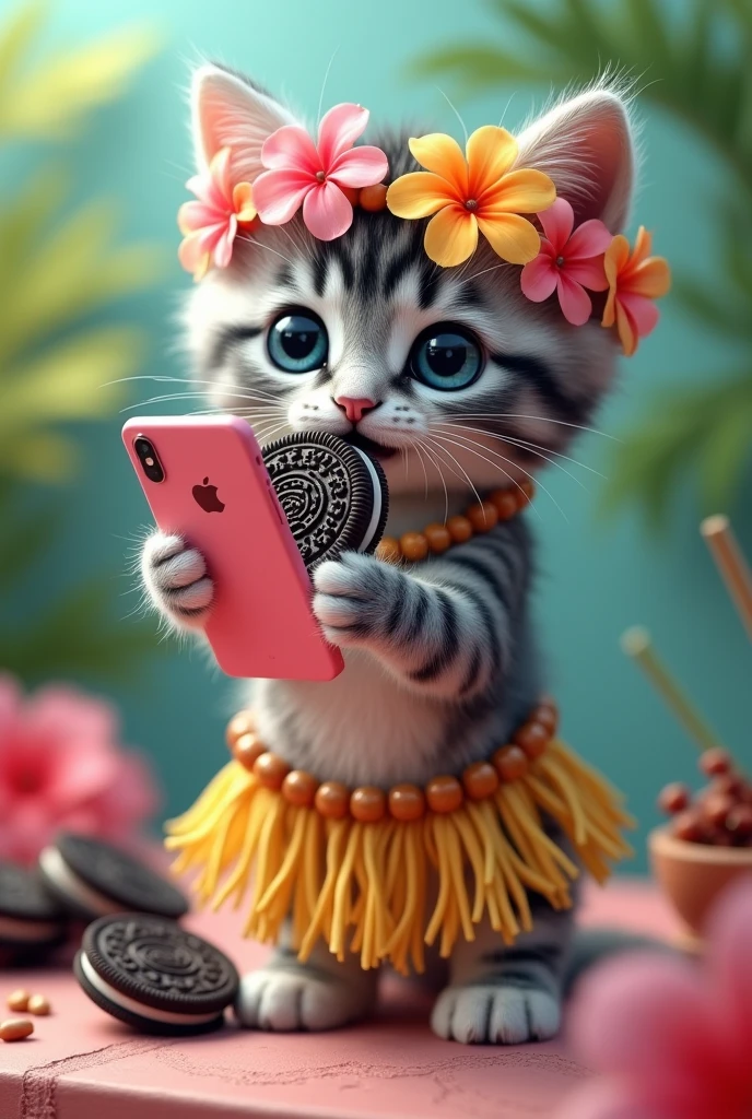 Kawaii gray and white tabby kitten as a Tahitian dancer with a pink phone eating an oreo