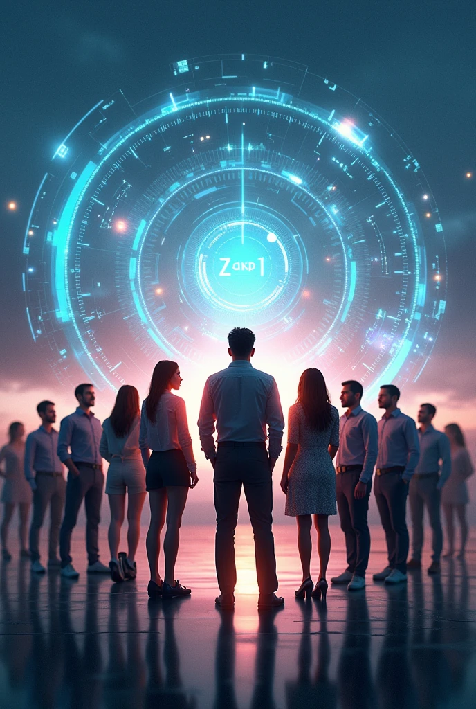 A group of professionals looking towards a technological horizon with progress charts and tech elements, illustrating preparation and adaptability for the future of work influenced by AI. 8k, hyperrealistic, highly detailed, balanced scale, robots, humans, futuristic, cyberpunk, seamless integration, striking contrast, dramatic lighting, precise engineering, sleek design, advanced technology, thought-provoking, social commentary, cinematic composition, mesmerizing colors, intricate details, masterful rendering