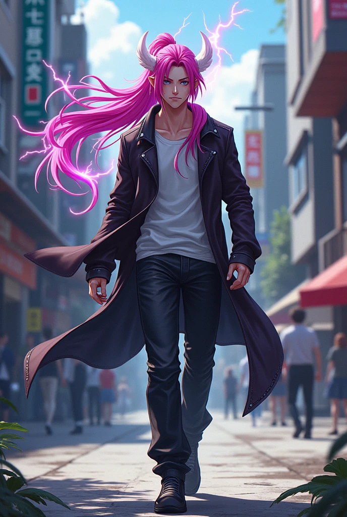 Create a male character with long pink hair tied in an anime ponytail with white demon horns on his head while lightning bolts come out of his hair as he walks down the street.