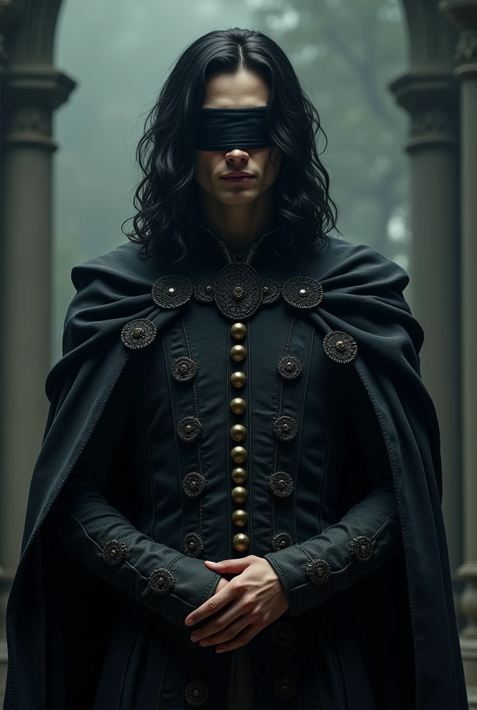 A young nobleman with long, wavy black hair, dark medieval robes and a blindfold
