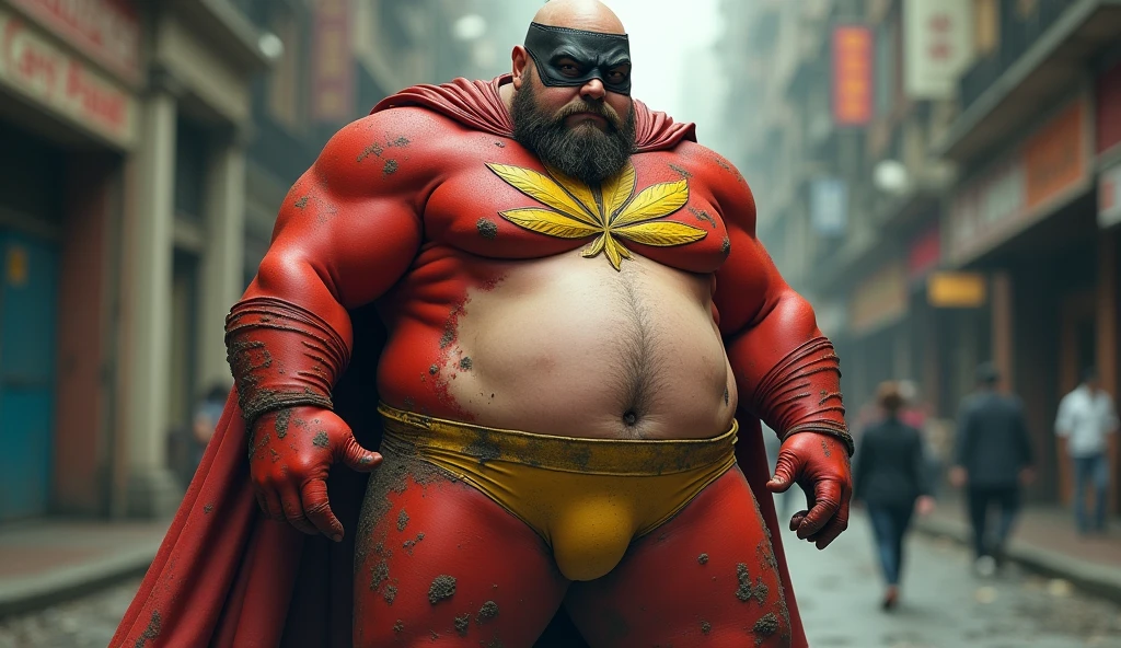 This superhero has an unusual presence: overweight and chubby, with a prominent belly exposed by an excessively tight costume. He wears bright yellow briefs that contrast with the rest of his red suit, which is in a pitiable state. Made from a material similar to Lycra, the suit is dirty and worn out, clearly revealing his abdominal fat and exposing his navel. His overall appearance is that of someone who seems to be drunk, with a vagabond air and a scruffy beard suggesting he hasn’t shaved in a while. His clumsy gait and disheveled attitude highlight his difference from the typical polished and energetic superhero.

He wears a black mask that covers only his eyes, with yellow filaments tracing the edge of the mask in an irregular pattern. This detail adds a touch of mystery to his unkempt appearance but contrasts with the lack of sophistication and the disheveled state of the rest of his costume. On his chest, he sports an embroidered emblem of a marijuana leaf, adding an extra layer to his unconventional look. The combination of the mask, the yellow briefs, and the red suit, along with the marijuana leaf emblem, accentuates the strange color mix and the image of a hero who seems more like a vagabond in search of redemption.