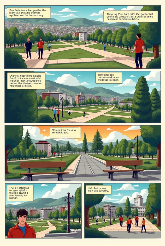 I want a comic, with this script 


**Table 1:**  
*supper: Aerial view of the city of Montenegro, with the centennial park visible, but a little deteriorated.*  
**texto:** "Montenegro&#39;s centuries-old park was in need of major renovation..."

**Table 2:**  
*supper: A happy citizen paying property tax at a bank branch.*  
**texto:** "Residents contributed to the payment of IPTU, intended to improve the city."

**Table 3:**  
*supper: A driver paying the IPVA, with your car in the background.*  
**texto:** "Part of the IPVA was also used to improve the streets around the park.."

**Table 4:**  
*supper: Workers renovating the park, planting trees and painting benches.*  
**texto:** "With the money from the fees, the park gained a new life."

**Table 5:**  
*supper: The park now revitalized, full of life, with families and children enjoying the space.*  
**texto:** "The renovation has transformed the park into a vibrant and joyful place.."

**Table 6:**  
*supper: A sign in the park saying "Reform carried out with the support of all citizens of Montenegro."*  
**texto:** "Thanks to everyone&#39;s contributions, Montenegro is once again proud of its centuries-old park."

--- This script summarizes the history of the park&#39;s renovation in a direct and clear way., showing the positive impact of municipal taxes.