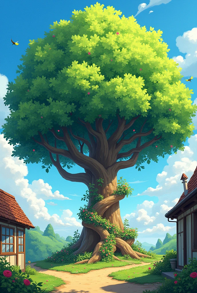 . The tree should have lush, green leaves, colorful flowers, and branches stretching high, symbolizing its connection to the villagers’ kindness.