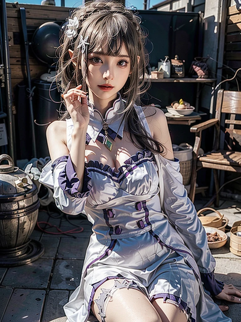 ulzzang-6500-v1.1,(raw photo:1.2),((photorealistic:1.4))best quality ,masterpiece, illustration, an extremely delicate and beautiful, extremely detailed ,CG ,unity ,8k wallpaper, finely detail, best quality,extremely detailed CG unity 8k wallpaper,absurdres, incredibly absurdres, big breats,sexy body,huge filesize, ultra-detailed, highres, extremely detailed,beautiful detailed girl, extremely detailed eyes and face, beautiful detailed eyes,light on face,cinematic lighting,1girl,(full body),(full-body shot),looking at viewer,outdoors, silver_hair, pointy_ears, purple_eyes, hair_ornament, hair_ribbon, lips