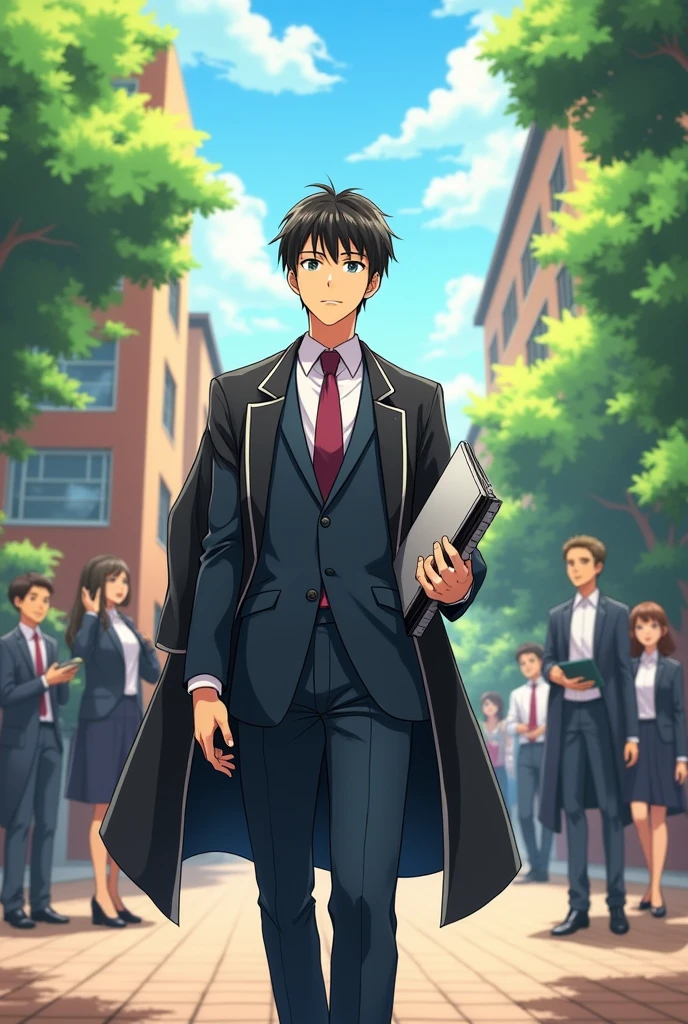 Anime man graduation suit hold computer and socialize in earth school smart