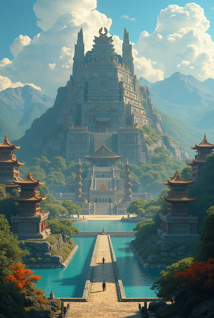 an ancient Japanese city and Tenostitlan Combined in one type Japanese ancient Japanese with traditional Japanese palace type ancient China in the lake of Texcoco and Japanese culture ancient Japanese and Japanese