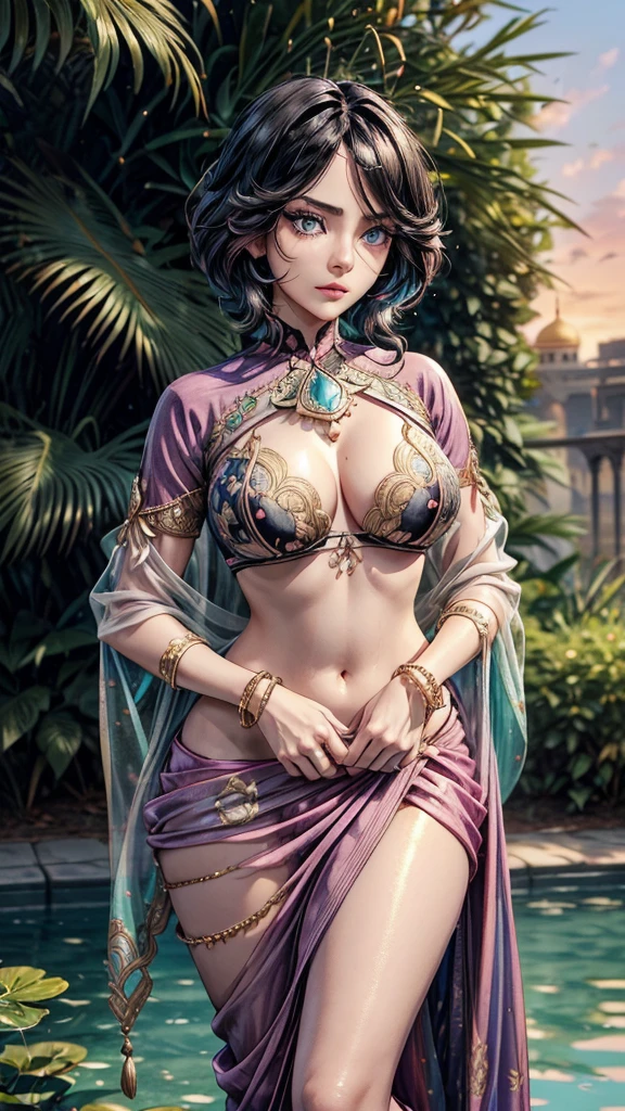 (((Beautiful Persian princess))),1girl,
(large breasts:1.4),((((elegant black blue up-do hair,Very long black hair,black hair)))),(((dark_pink_eyes:1.3))),intricate eyes,beautiful detailed eyes,symmetrical eyes,((((lustrous skin:1.5,tanned skin,bright skin: 1.5,skin tanned,shiny skin,very shiny skin,shiny body,Reflective skin)))),(spider lower abdomen,narrow waist,wide hip,athletic body,inflated legs,thick thighs,(detailed face)),beautiful detailed lips,((beautiful face)),good anatomy,
cute,slutty,sensual,seductive look,seductive,((erotic)),opulent,sumptuous,((nsfw)),
Beautiful bride,Glitter, transparent embroidered lace, sexy soft nylon saree, multicolor, modern light saree with floral design, colorful, flower weave, bracelets,paste saffron on forehead, girl wearing indian saree, (show half nipple),(princess dress,Short size clothing),sari,lehenga choli indian saree,(dressed in transparent saree),(wearing Glitter graphics jewels), ((undersized bra)),prence dress,lehenga choli,(((dark pink clothes,intricate outfit,embroidered outfit,ornate outfit,intricate cloth,embroidered cloth,ornate cloth))),
(flirtatious pose:1.3), looking at viewer,embarrassed,centered,scale to fit dimensions,Rule of thirds,
outdoors,(Arab palace,Arab palace background,pyramids in the background),scenery,(oasis,oasis background),extremely scenery,(puddles everywhere,moss,moss on the background),clouds,Arab style,Arab castle,lily pads,palms,reeds,(sunset, golden hour),
(Glossy Arab ornaments),highres,sharp focus,(ultra detailed,extremely detailed),(photorealistic artwork:1.37),(extremely detailed CG unity 8k wallpaper),(((vibrant colors,vibrant theme))),(intricate),(masterpiece),(best quality),artistic photography,(photography taken by sldr),(intricate background),perfect rendered face,perfect face details,realistic face,photo realistic,((intricate detail)),(((realism))),