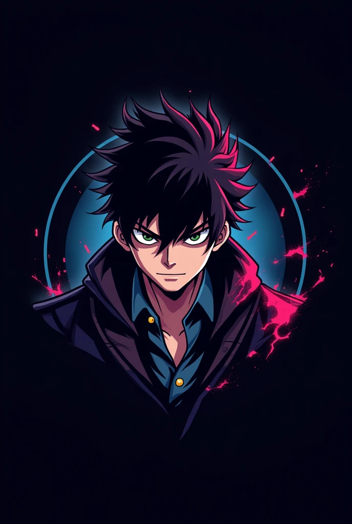 Design a striking and dark-themed logo for an Instagram page dedicated to sharing anime wallpaper videos. The logo should feature a stylish and bold anime boy character with a strong, masculine appearance. Incorporate a dark color palette with shades of black, midnight blue, and deep violet. The character should have intense, expressive eyes and a confident, dynamic pose, reflecting a powerful and edgy vibe. Integrate sleek, modern text with the page name or initials in a complementary color, such as silver or dark red, ensuring it stands out against the dark background. The overall design should be aesthetic and captivating, with a strong visual impact that conveys energy and creativity, making it perfect for a high-engagement social media presence