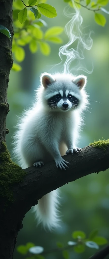 A photo of a totally transparent silhouette of a translucent, extra fluffy  raccoon formed of faint smoke spirals. The raccoon is sitting on a tree branch. The background is a forest with green leaves.