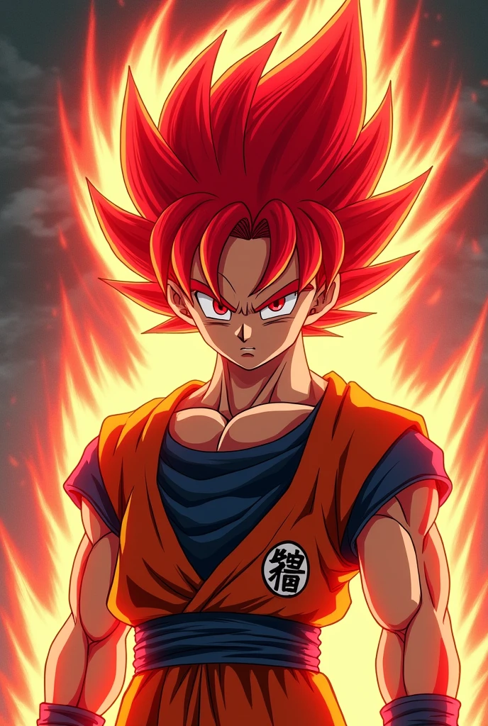 Super Saiyajin Dios, Goku has bright red, spiky hair, but shorter and less bulky than in other transformations. His eyes are also red, with an intense and penetrating look. Your face looks slimmer and more defined., with more defined cheekbones and a sharper jawline. His facial expression is serious and concentrated., showing the determination and power he has achieved. besides, It is surrounded by a fiery red aura that emits intense energy., and her body is slimmer and more stylized, which gives it a more agile and less muscular appearance.