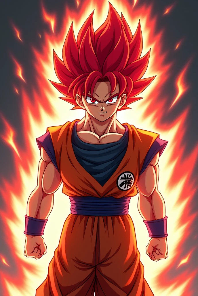 Super Saiyajin Dios, Goku has bright red, spiky hair, but shorter and less bulky than in other transformations. His eyes are also red, with an intense and penetrating look. Your face looks slimmer and more defined., with more defined cheekbones and a sharper jawline. His facial expression is serious and concentrated., showing the determination and power he has achieved. besides, It is surrounded by a fiery red aura that emits intense energy., and her body is slimmer and more stylized, which gives it a more agile and less muscular appearance.