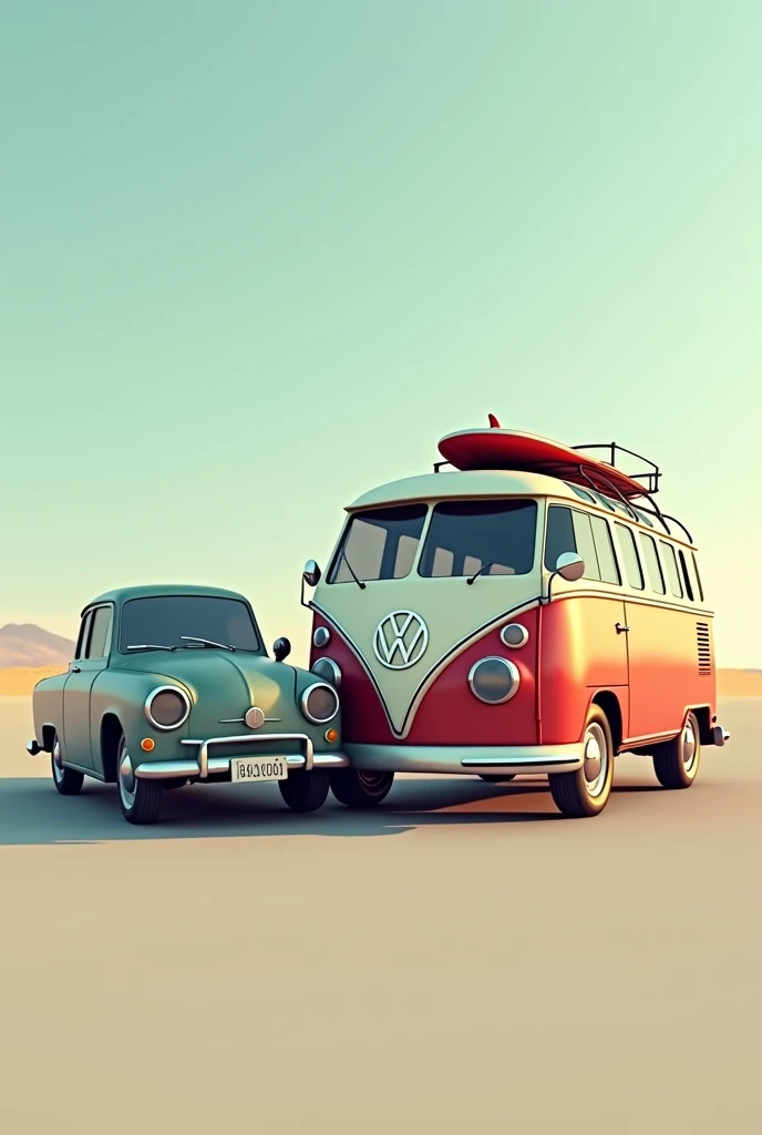 Kombi with a surfboard on the roof hit a smaller car while parking, profile view, 8K, High Quality, Photorealistic, Clean Background, Full Scene