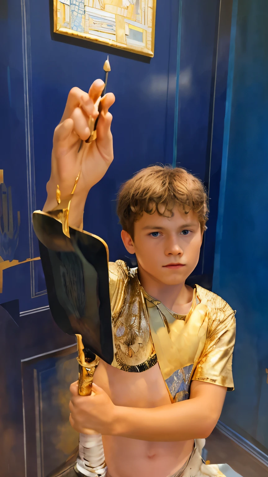 A young proud king, holding a sword, background in gold, in klimt and van gogh combined art style, 4k
