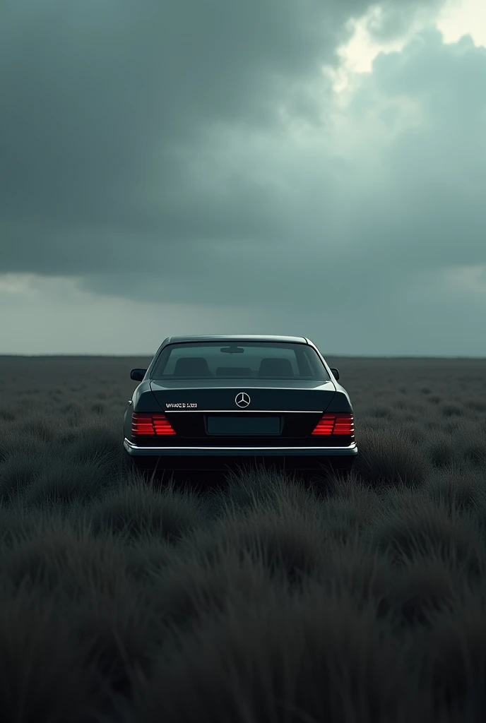 Siyah mercedes w140 s600 arkası, ucsuz bucaksiz long grass, kotu siyah bulutlu hava, long grass