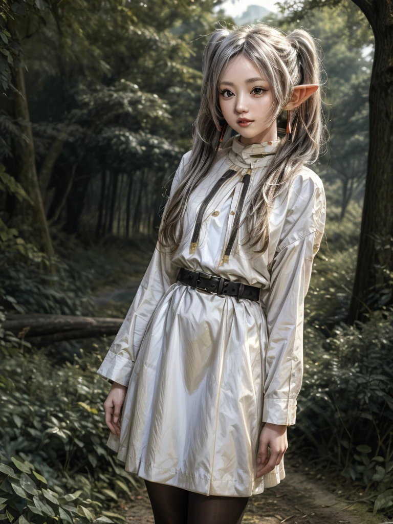 masterpiece, best quality, absurdres, 1girl, solo, FrierenBase, long hair, twintails, earrings, white capelet, striped shirt, horizontal stripes, long sleeves, belt, white skirt, gold-trim, black pantyhose, arms behind back, outdoors, forest, 