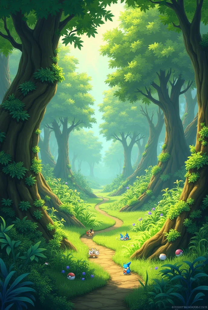 Beautiful, dense forest with grassy paths and places with tall grass where Pokeballs lie