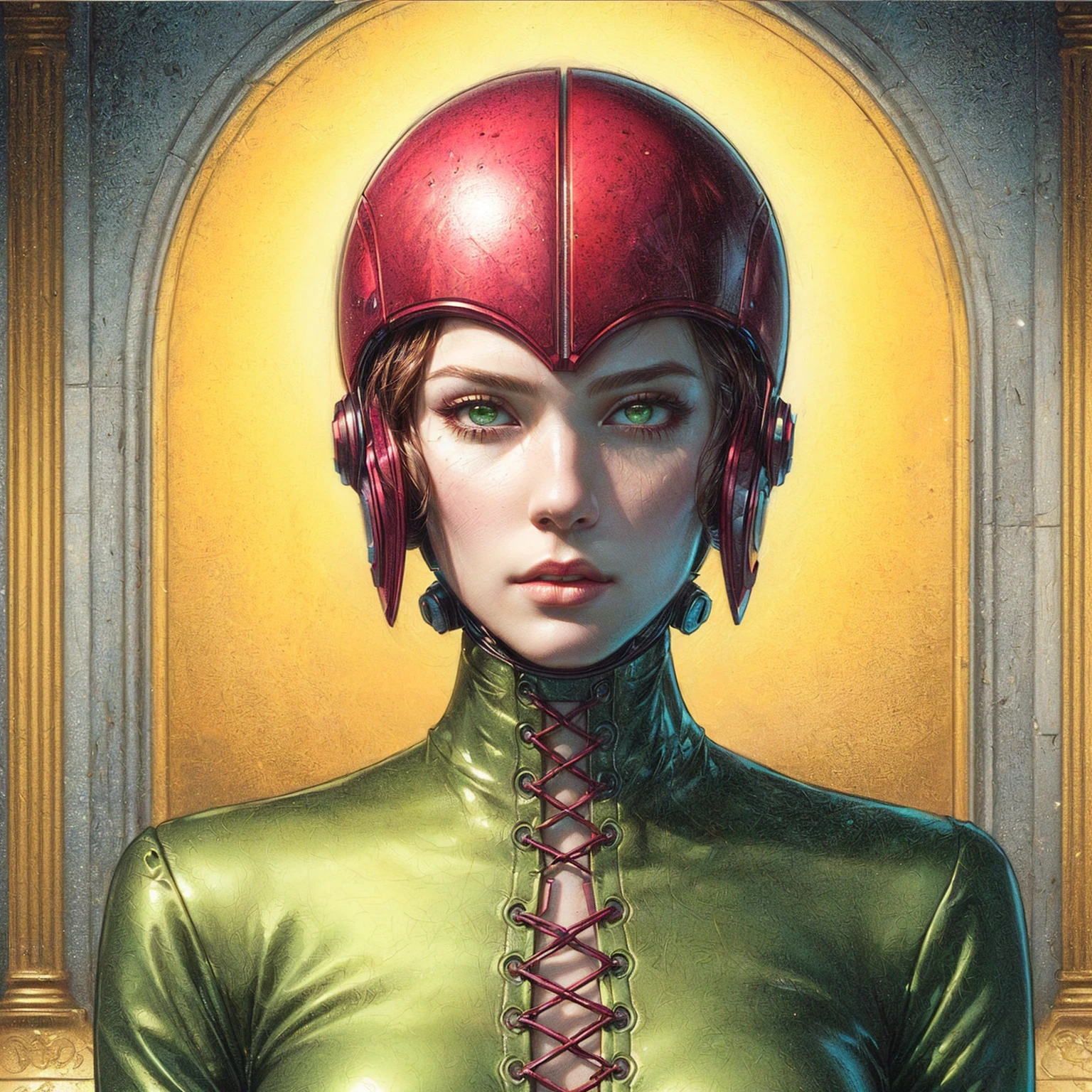 a close up of a woman in a green and red rubber costume, moebius + artgerm, portrait of a female android, artgerm julie bell beeple, retrofuturistic female android, portrait of jean grey, michael cheval (unreal engine, moebius + loish + wlop, portrait of an android, as a retrofuturistic heroine