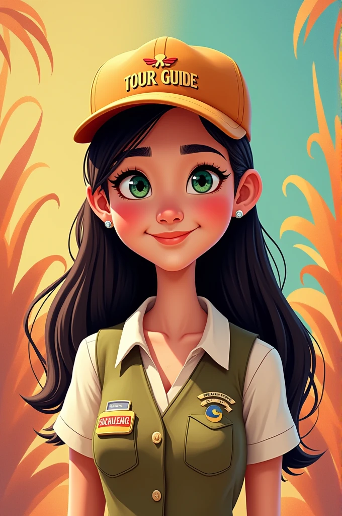 Create a Pixar-inspired tour guide badge named Bianca Farias de Miranda,with a picture of green eyes, skin fair, long dark brown hair, dressed as a tourist guide