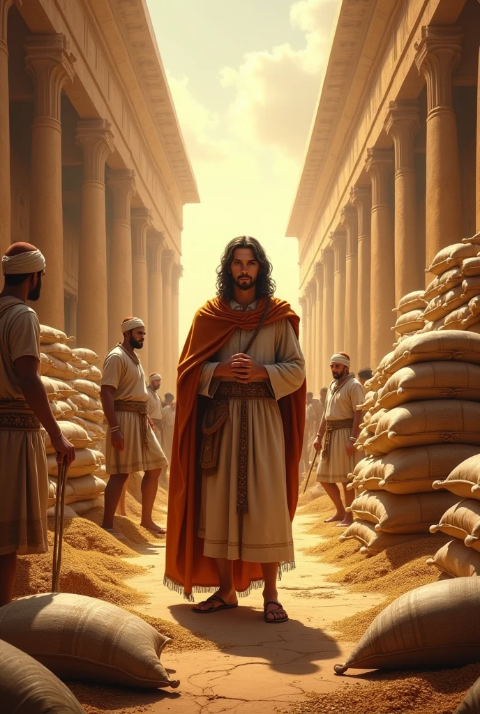 Biblical character Joseph as governor storing food and sacks of grain
