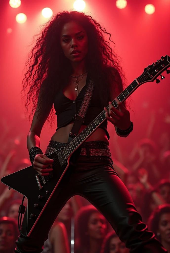 uma mulher de 20 anos, rock star, which is high, very beautiful, has dark skin and very long, curly, dark hair like Marty Friedman, plays guitar and is doing a metal show full of fans