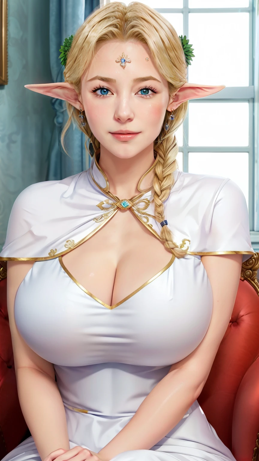 cleavage,curtains, sitting on throne, crown, painting (object), window, still life, stairs, indoors, portrait (object), chair,
white dress,cape, cleavage,
earrings, elf,jewelry, long pointy ears,
blonde hair,blue eyes,Bangs,circlet,single braid,
1 girl, 20yo,Young female,Beautiful Finger,Beautiful long legs,Beautiful body,Beautiful Nose,Beautiful character design, perfect eyes, perfect face,expressive eyes,perfect balance,
looking at viewer,(Focus on her face),closed mouth, (innocent_big_eyes:1.0),Light_Smile,
official art,extremely detailed CG unity 8k wallpaper, perfect lighting,Colorful, Bright_Front_face_Lighting,shiny skin,
(masterpiece:1.0),(best_quality:1.0), ultra high res,4K,ultra-detailed,
photography, 8K, HDR, highres, absurdres:1.2, Kodak portra 400, film grain, blurry background, bokeh:1.2, lens flare, (vibrant_color:1.2),professional photograph,
(Beautiful,huge_Breasts:1.4), (beautiful_face:1.5),(narrow_waist),