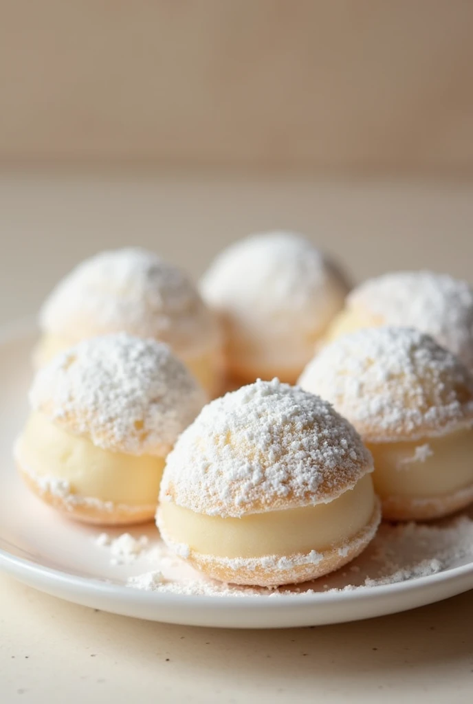 Create an image of a 5, small mochi donut ball, elegantly covered in a generous layer of powdered milk. The mochi ball is covered in milk powder evenly
Present the mochi donut ball in a simple, clean setting, perhaps on a small, elegant plate or in a minimalistic box, to highlight its appealing texture and finish. The overall look should evoke a sense of refined indulgence and mouthwatering delight.