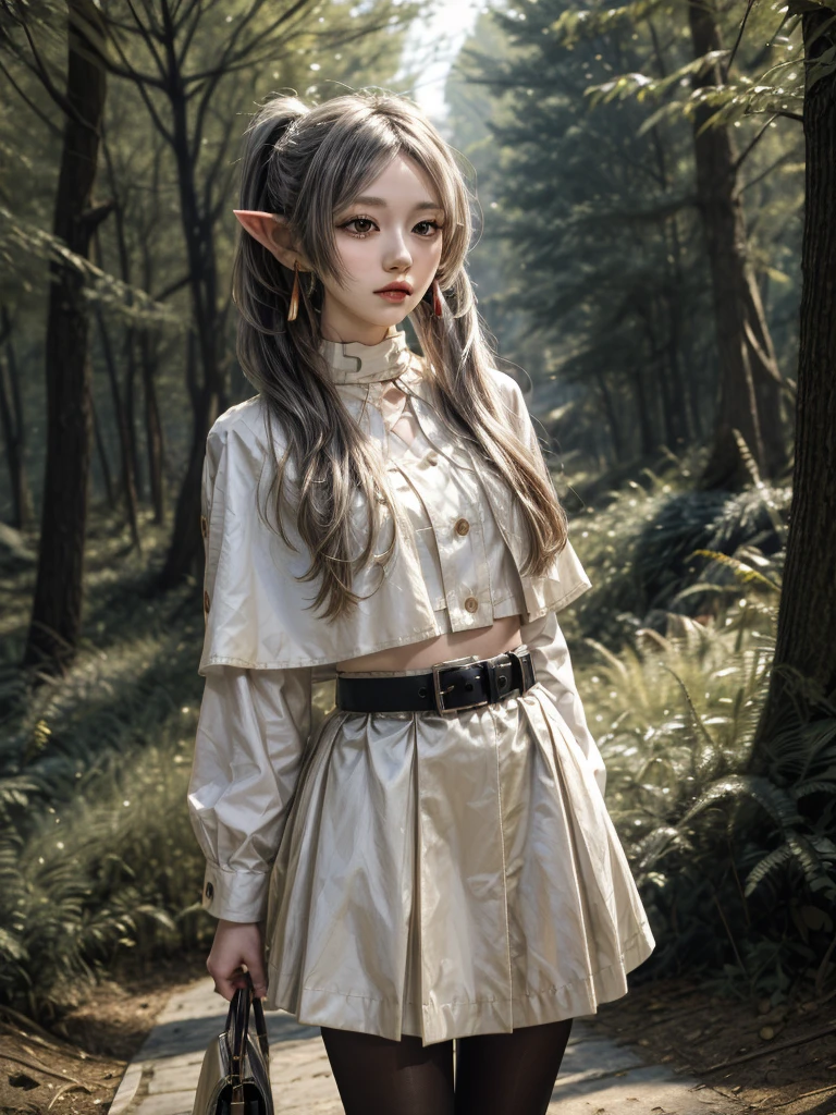 masterpiece, best quality, absurdres, 1girl, solo, FrierenBase, long hair, twintails, earrings, white capelet, striped shirt, horizontal stripes, long sleeves, belt, white skirt, gold-trim, black pantyhose, arms behind back, outdoors, forest, 