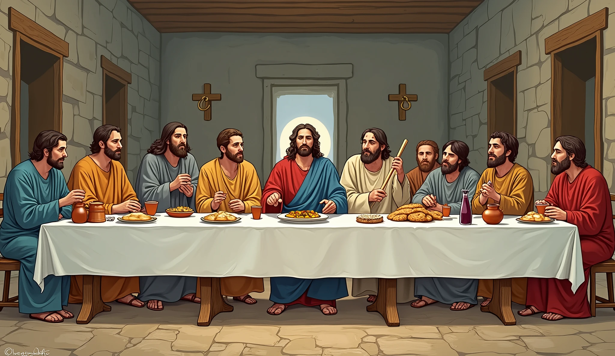 last supper, place some ancient cups, wine and bread in the style of Jesus time.