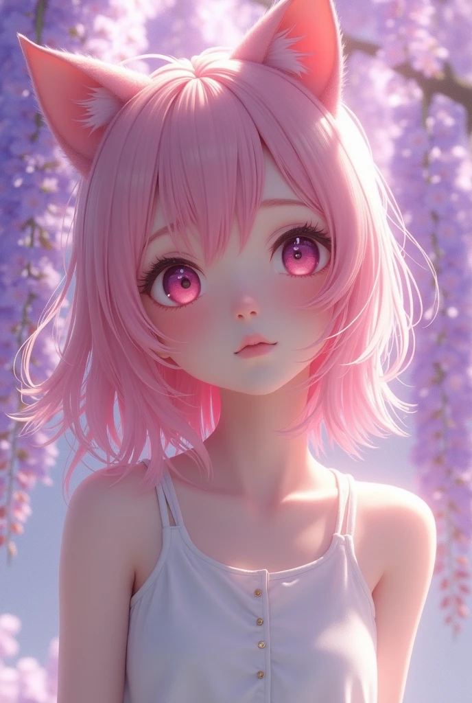 1girl, solo, cute girl with pink hair and pink eyes, wisteria flower background, soft natural lighting, cat ears, sleeveless white shirt, (best quality,4k,8k,highres,masterpiece:1.2),ultra-detailed,(realistic,photorealistic,photo-realistic:1.37),delicate, elegant, serene, pastel colors, cinematic lighting