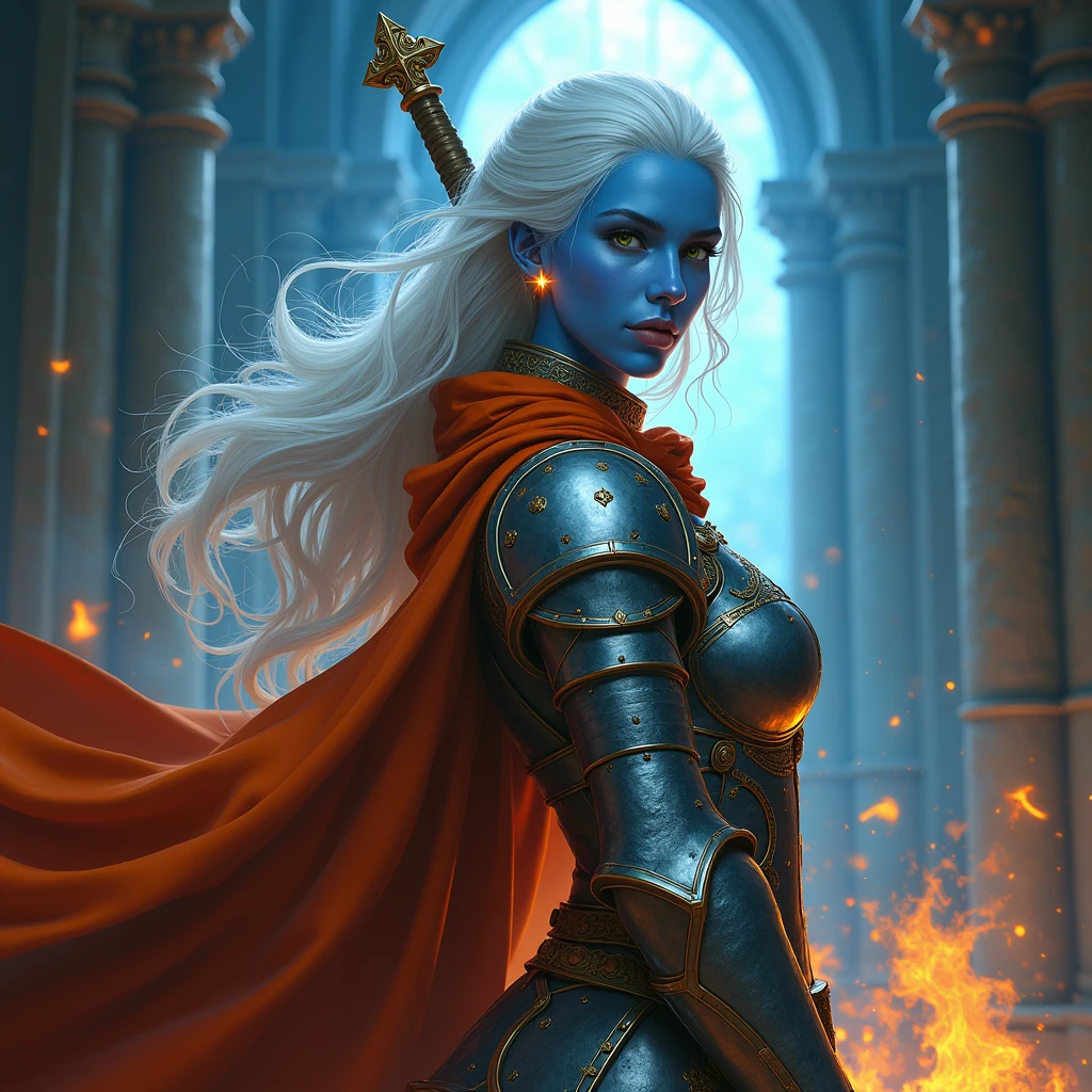 fantasy art, dnd art, RPG art, drkfntasy wide shot, (masterpiece: 1.4) de frente de pé , intense details, highly detailed, photorealistic, best quality, highres, glowing particle portrait a vedalken female (fantasy art, Masterpiece, best quality: 1.3) (blue skin: 1.5), intense details facial details, exquisite beauty, (fantasy art, Masterpiece, best quality)cleric, (blue colored skin: 1.5) blue skinned female, (white hair: 1.3), long hair, intense green eye, fantasy art, Masterpiece, best quality) armed a fiery sword red fire, wearing heavy (white: 1.3) half plate mail armor CM-Beautiful_armor wearing high heeled laced boots, wearing an(orange :1.3) cloak, wearing glowing holy symbol GLOWING EARRINGS, within fantasy temple background, reflection light, high details, best quality, 16k, [ultra detailed], masterpiece, best quality, (extremely detailed), close up, ultra wide shot, photorealistic, RAW, fantasy art, dnd art, fantasy art, realistic art,
