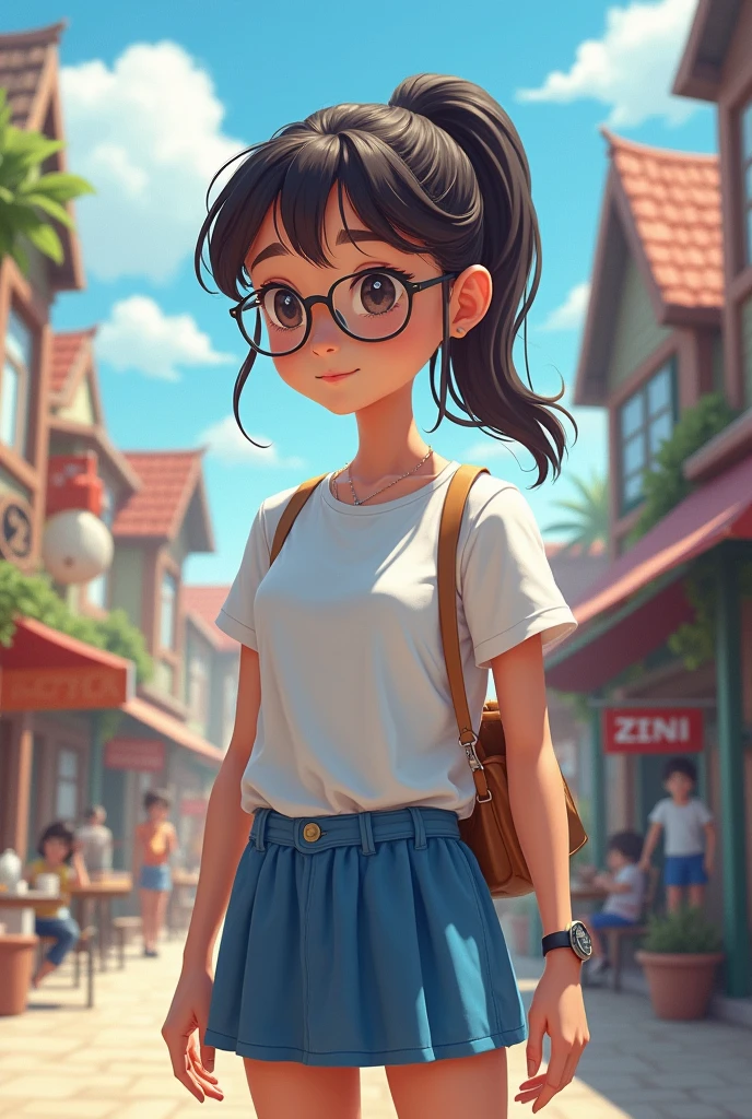 A town young big girl wearing specs and tied hair in a ponytail wearing white tshirt and blue mini skirt. She is a class scientist