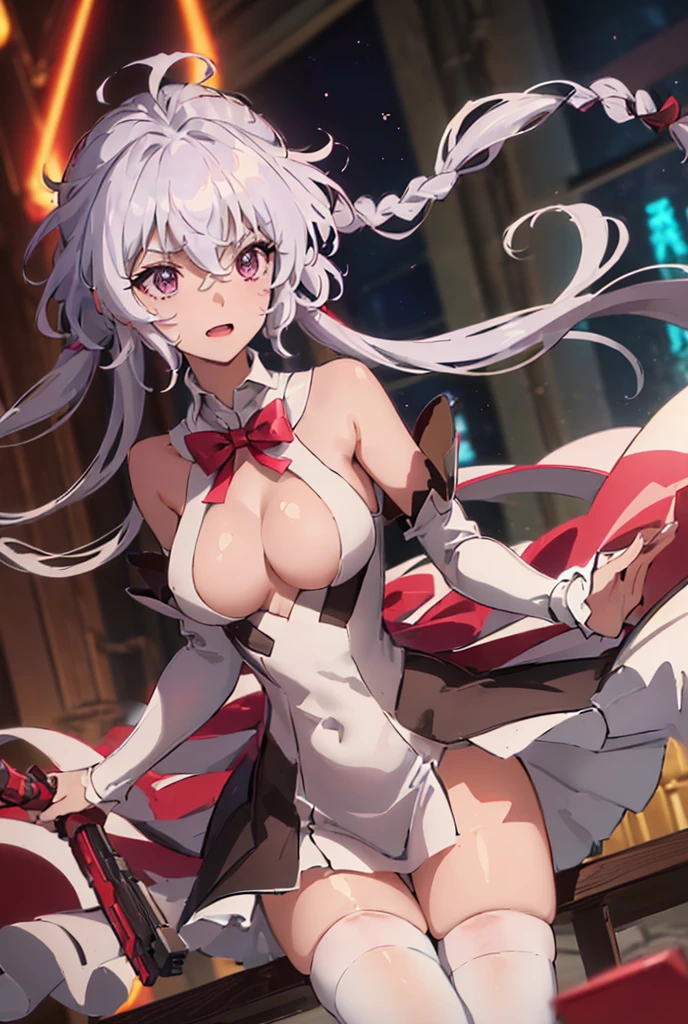 ((masterpiece)), ((Best quality)), (high resolution), (illustration), (an extremely delicate and beautiful), (ultra detailed beautiful face and eyes), nsfw, 1girl, leaning forward, YukineChris, long hair, purple eyes, twintails, low twintails, ahoge, large breasts, fishnet pantyhose, red a bow tie, volumetric lightning, detailed skin texture, detailed, volumetric shadow, anime screencap,Highest quality, Sorceress, ancient babylonian nobility, ((tan skin:1.2)), (brown skin color),Long hair, twin braids, hair ornament, wine colored hair, smile, Below average size breasts, bare shoulders, (underboob:0 Raise your legs vertically、Ready your gun?、腕を前方に伸ばして谷間強調
M字Leg spread、between legs、Groin、Tentacles entangled、Leg spread、Spread your legs、Ecstatic expression 8K, masterpiece, Best_quality, high_resolution, ultra_details, detailed, 1girl, 独奏, looking_at_viewer, upper_body, indoors, braid, blurry, bangs, white_hair, blurry_background, collared_shirt, church, hair_ribbon, hair_between_eyes, sidelocks, depth_of_field, light_particles, window, french_braid, Alphonse Mucha Style, sharp focus, perfect hands, perfect face, perfect eyes, perfect light, dynamic light, natural light, Masterpiece, Best quality, red dress、Yukine Chris、Symphogear