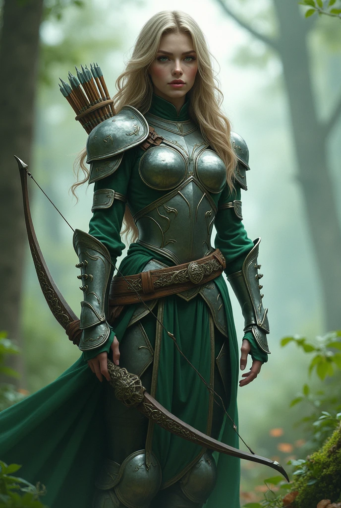 Tall female warrior, 4, long wavy hair, green and silver armor, bow and quiver with arrows, forest in the background, fog