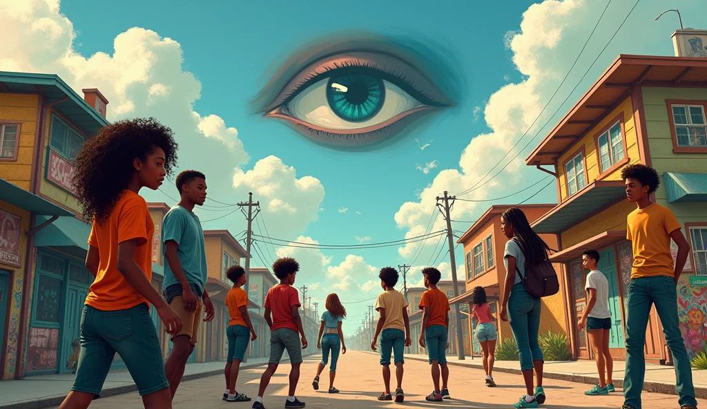 brown teenagers interacting, in a community on the outskirts with the illustration of an eye in the sky