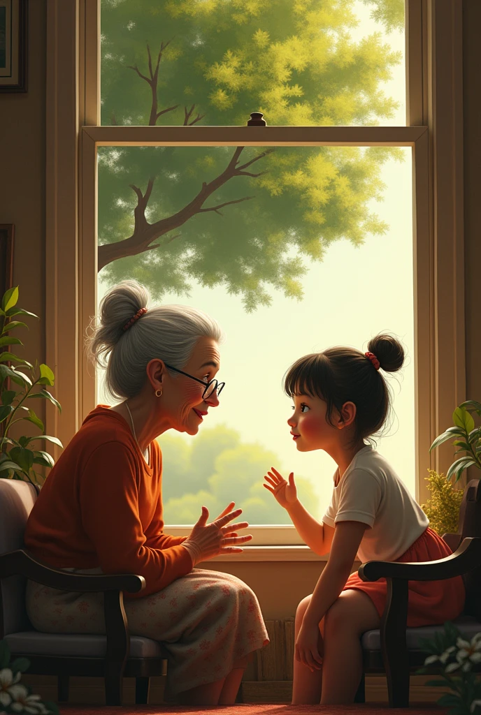  Show a young girl named Lily, with a curious expression, asking her grandmother about the tree.