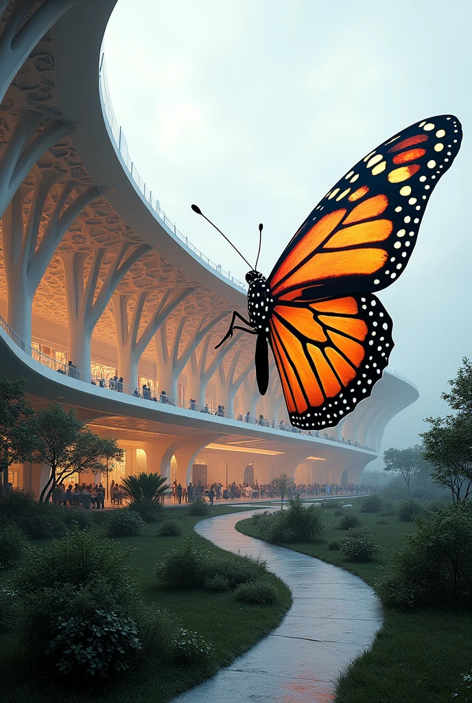 Create a stadium with a monarch butterfly concept further conceptualize the butterfly by incorporating it into the architectural design incorporate the butterfly by removing the color from it 
