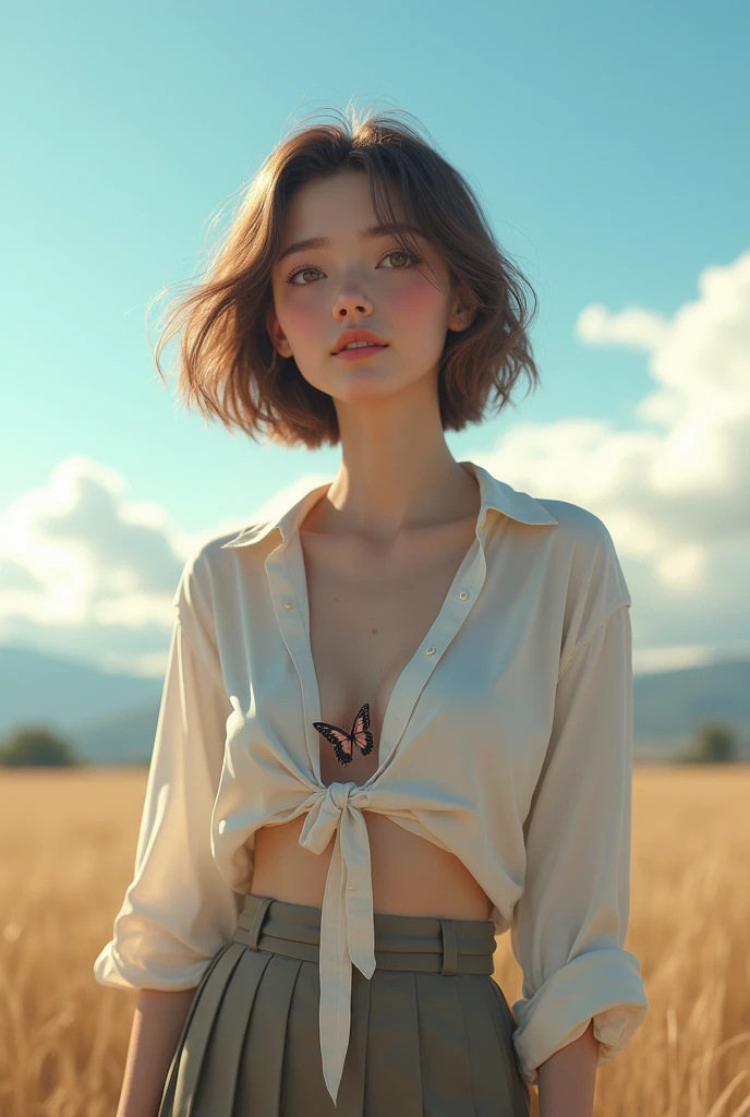 (8k, CRU photo, best qualityer, Teacher:1.2), (realisitic, photo-realisitic:1.37), ultra detaild, 1 girl, cute, standing alone, beautiful detailed sky, face detailed, natta, sitting down, falling in love, (blushful), (ssmile: 1.1), (get away), breasts big, beautiful delicate eyes, buttoned undone, (neck shirt: 1.1), butterfly necktie, pleatedskirt, (shorth hair: 1.2), Flying hair, long eyelashes, ombre, Small face, eyes large, full body shot shot, bared shoulders, hinterland, bed-in