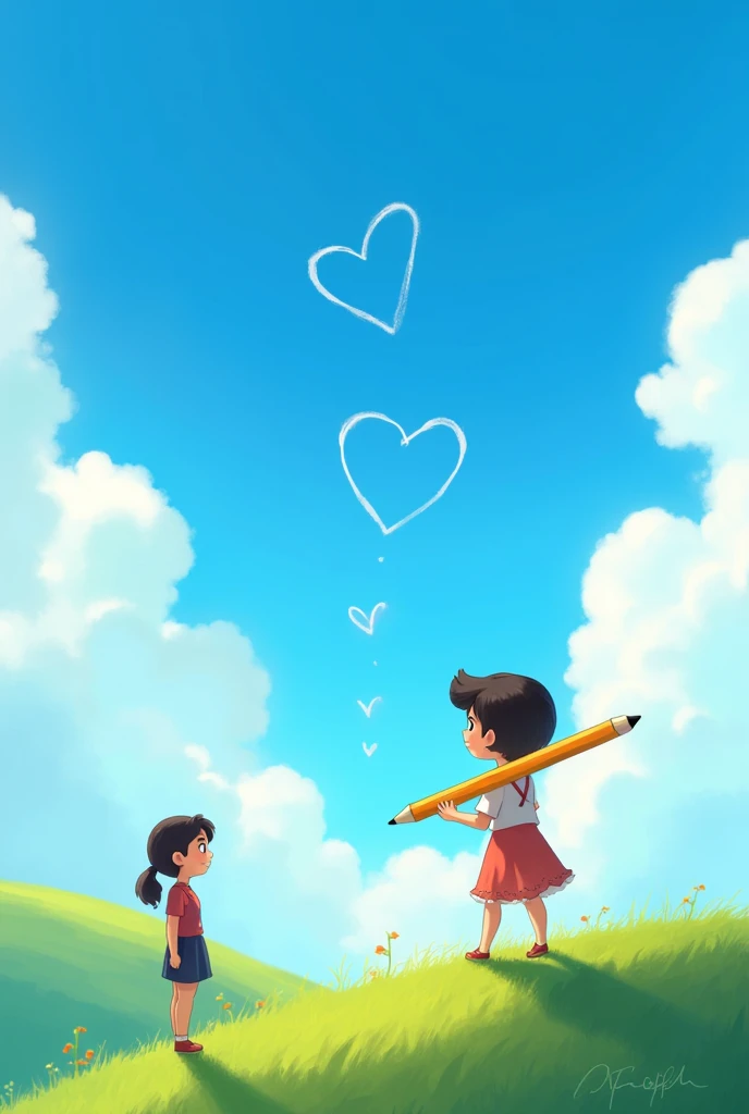 A bright blue sky with fluffy white clouds
- Sharjeel standing on a hill, holding a giant pencil and drawing hearts
- Khadeeja watching from a distance, blushing and smiling