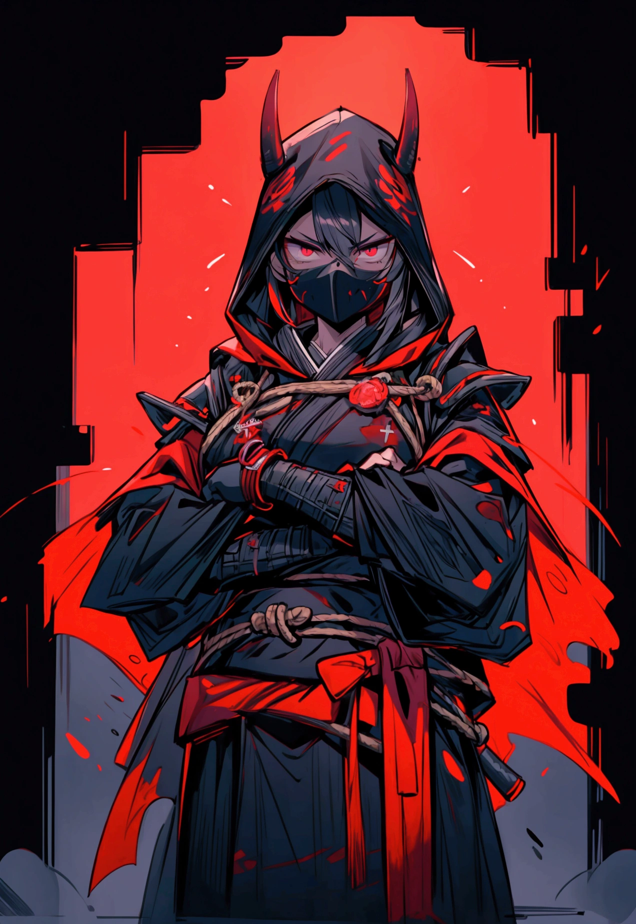 best quality, 4k, high resolution, masterpiece: 1.2, ultradetalization, realism: 1.37, dark art, portraits, creepy atmosphere, glitches, 3D effect,wrapping in red,wrapping in blue, mysterious lighting, intimidating presence, formidable armor, gloomy facial expression, sinister eyes, two twisted horns, sharp sword, sinister cloak, dark clouds of Akatsuki, haunting shadows, tense battle scene, dramatic composition, simple Hannya Oni mask, (male),brutal ,strong guy, four arms,pumped up arms,naked arms, pumped up arms,male,male ninja killer, cyberpunk mask, fully hooded, without ears, armor on chest and arms, inverted cross, ((very dark eyes)) , ninja strike pose
