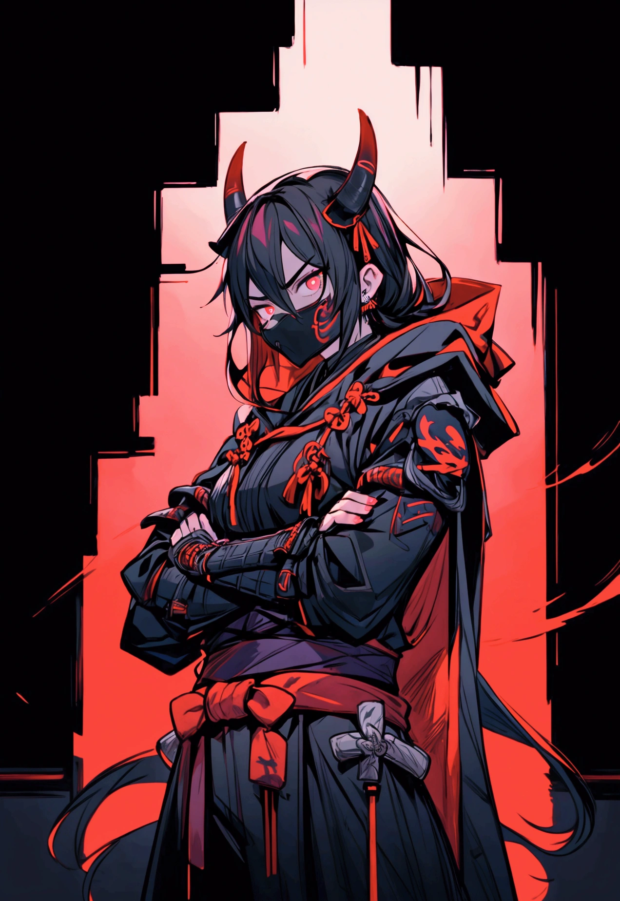 best quality, 4k, high resolution, masterpiece: 1.2, ultradetalization, realism: 1.37, dark art, portraits, creepy atmosphere, glitches, 3D effect,wrapping in red,wrapping in blue, mysterious lighting, intimidating presence, formidable armor, gloomy facial expression, sinister eyes, two twisted horns, sharp sword, sinister cloak, dark clouds of Akatsuki, haunting shadows, tense battle scene, dramatic composition, simple Hannya Oni mask, (male),brutal ,strong guy, four arms,pumped up arms,naked arms, pumped up arms,male,male ninja killer, cyberpunk mask, fully hooded, without ears, armor on chest and arms, inverted cross, ((very dark eyes)) , ninja strike pose