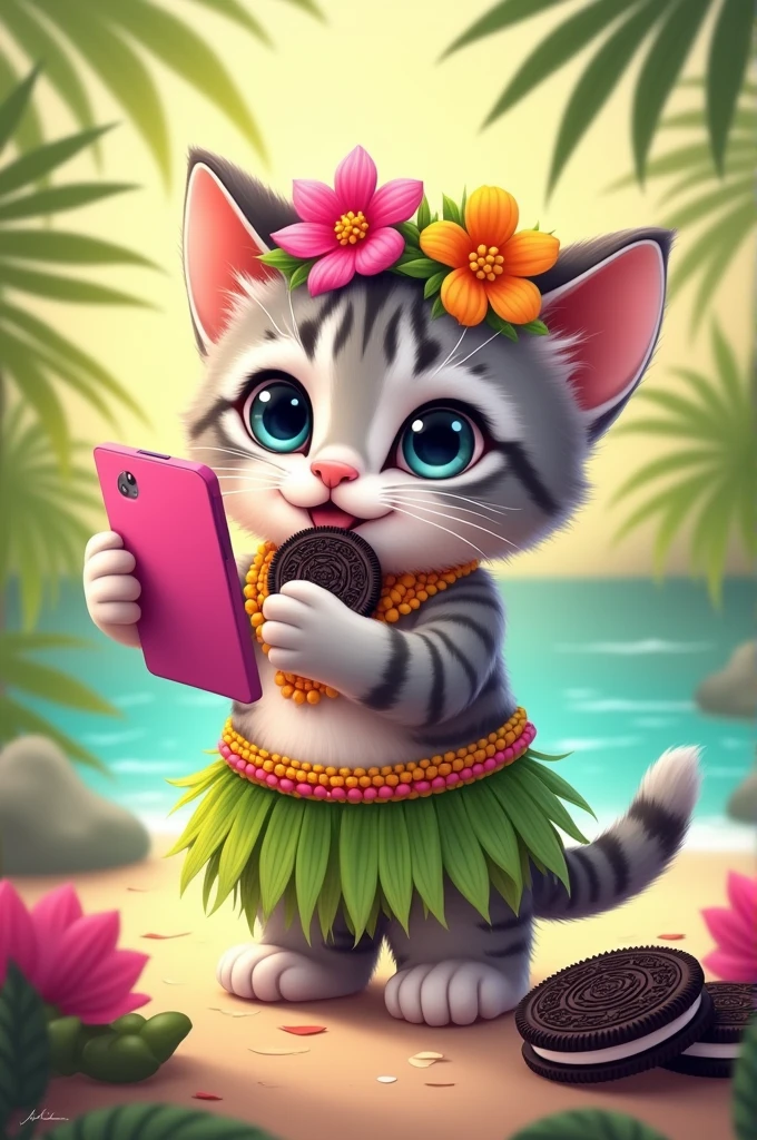 Drawing of a kawaii gray and white tabby kitten as a Tahitian dancer with a pink phone eating an oreo